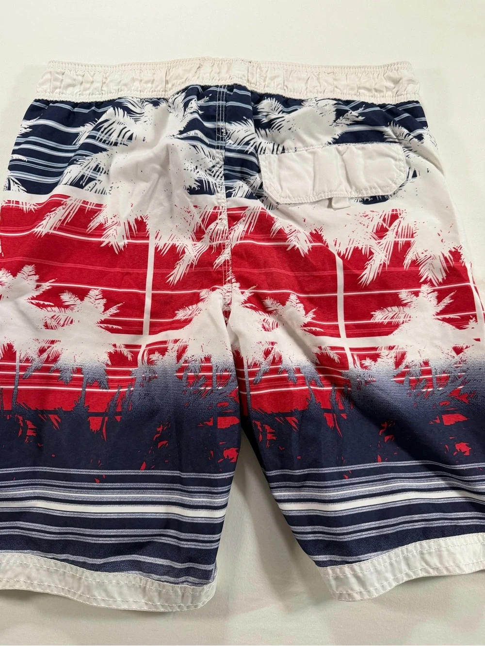 Men's Red, Navy & White Palm-Print Swim Trunks - US apparel Sz small